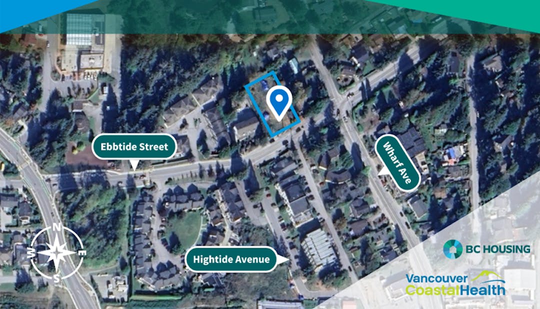 Aerial map showing Ebbtide St, Wharf Ave, and Hightide Ave with a blue pin on the north side of intersection on Ebbtide St