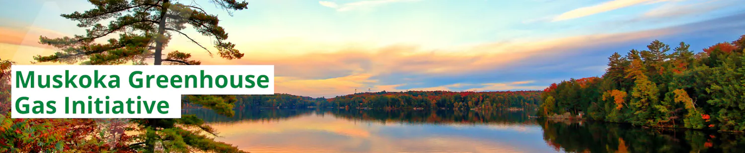 A sunset photograph of a lake landscape within Muskoka. Banner reads "Muskoka Greenhouse Gas Inventory"