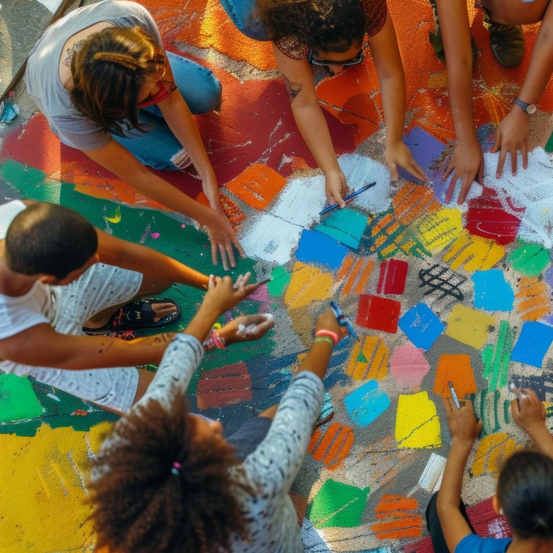 group of youth gathered around colourful drawings