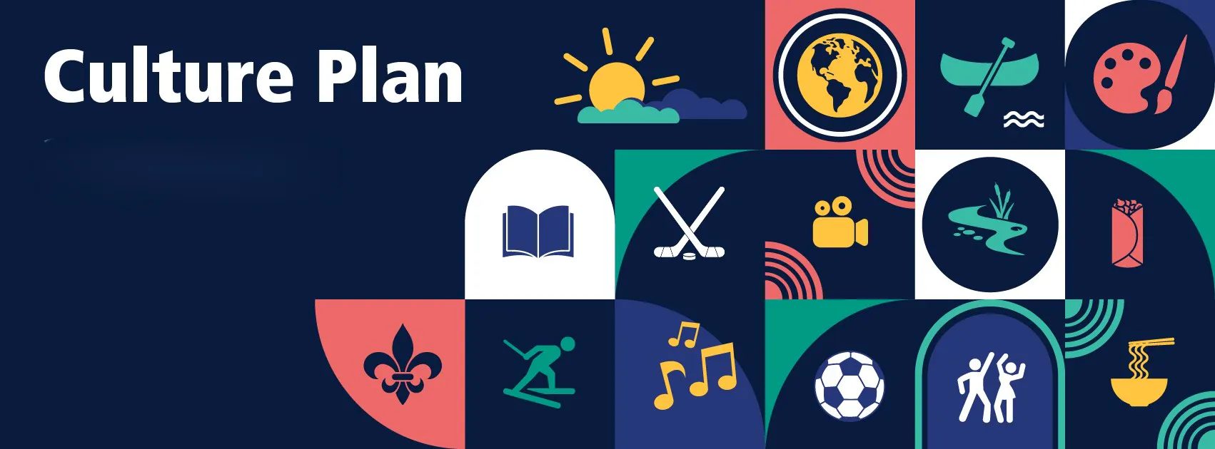 Text saying Culture Plan 2026-2031. Light teal background with three small images of people dancing, pottery and sport.