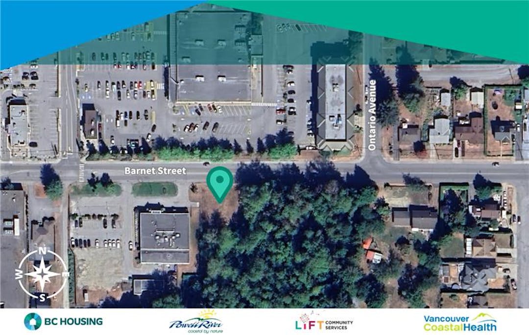 Aerial view of Barnet St and Ontario Ave intersection with green pin, buildings, trees, and organization logos.
