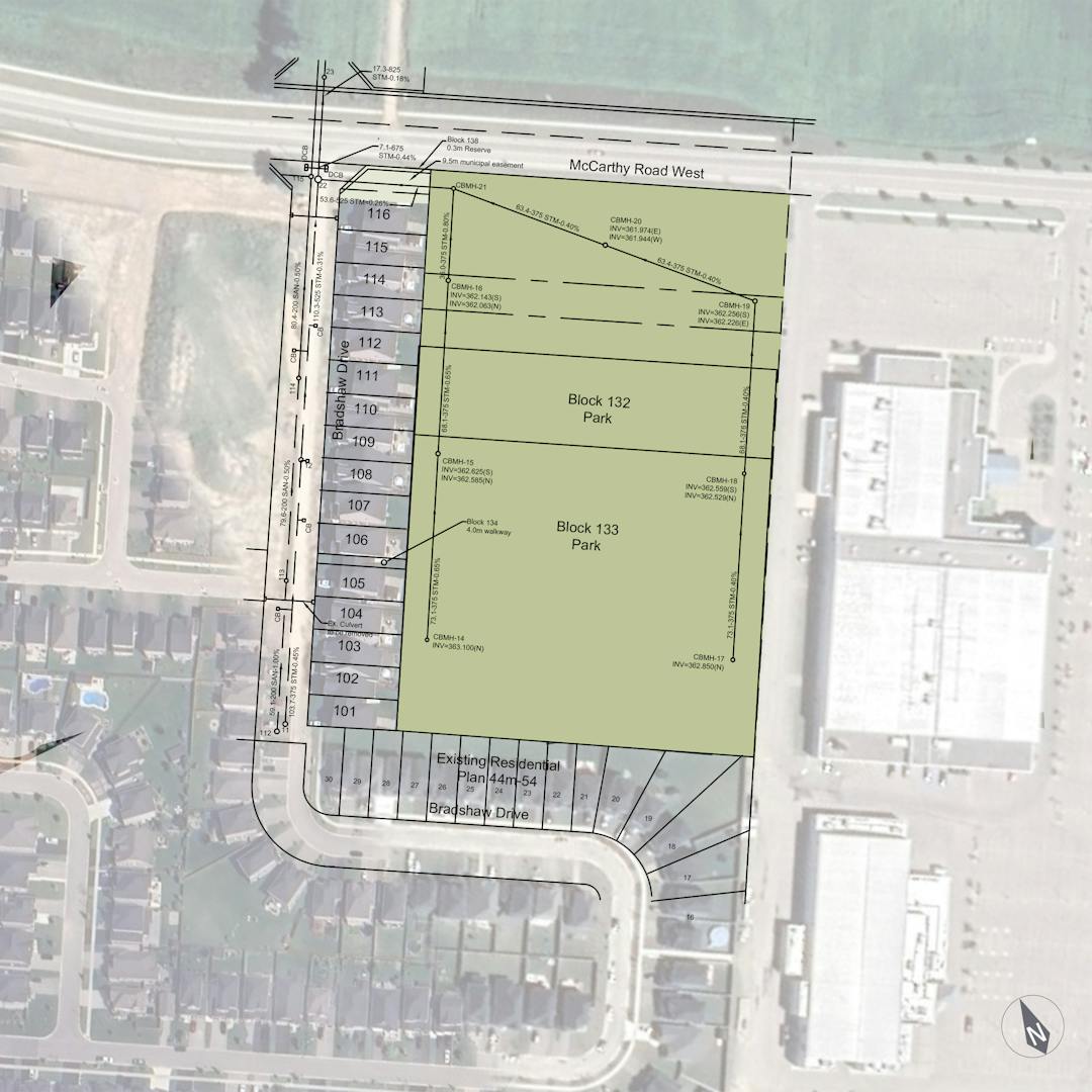 An aerial map showing roads, homes, buildings and a green space for a proposed park.