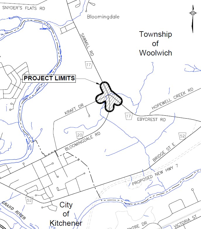 Location of the Roundabout at the Intersection of Sawmill Road and Ebycrest Road.