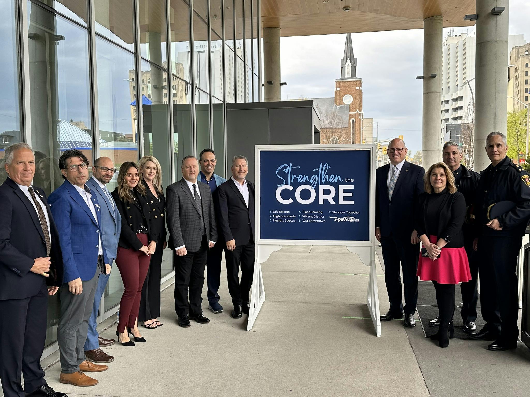 Strengthen the Core announcement on April 23. In photo, Mayor Dilkens, City Councillors, members of leadership team, and Windsor Police