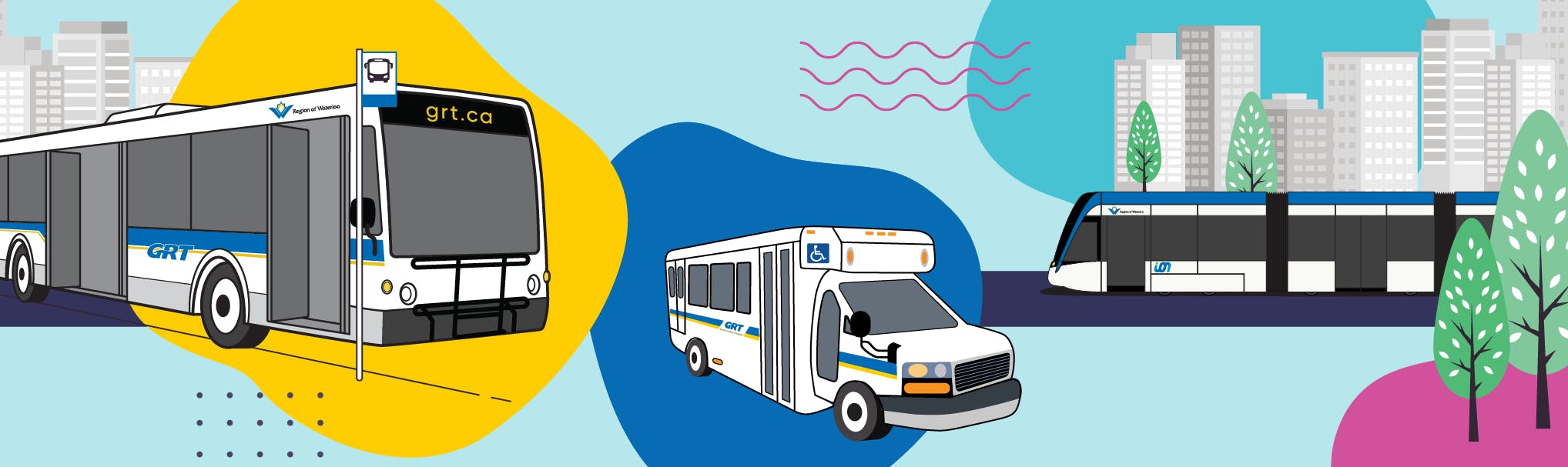 Colourful graphic of ION train, GRT bus and MobilityPLUS bus