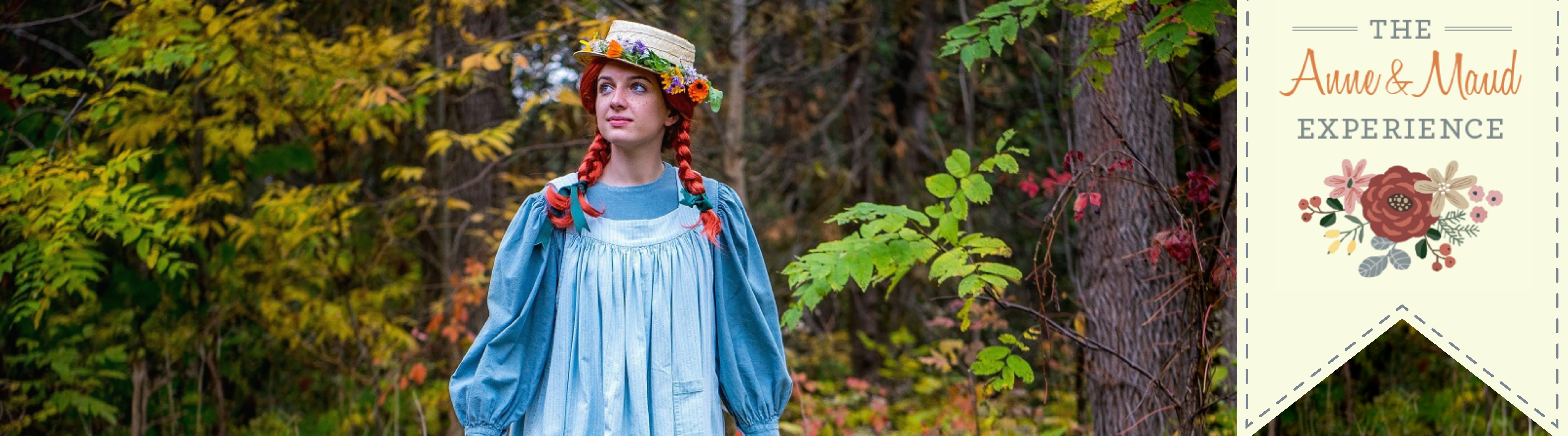 woman dressed as Anne Shirley, walking through a green forest scene