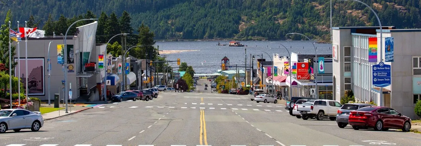 Down Argyle Street, Capitol Theatre at foreground left, Harbour Quay and ocean at end of street.