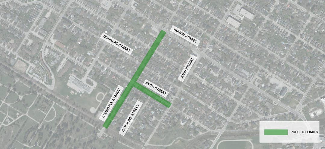 aerial image of Avon Street and Avondale Avenue outlining the limits of the reconstruction project.