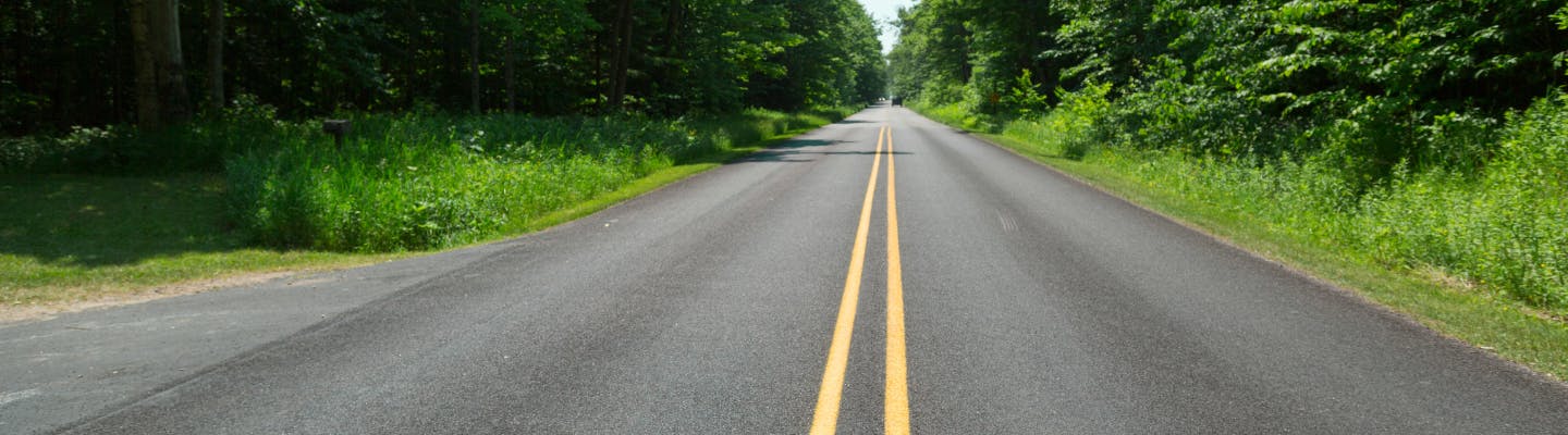 A long road with greenery on either side