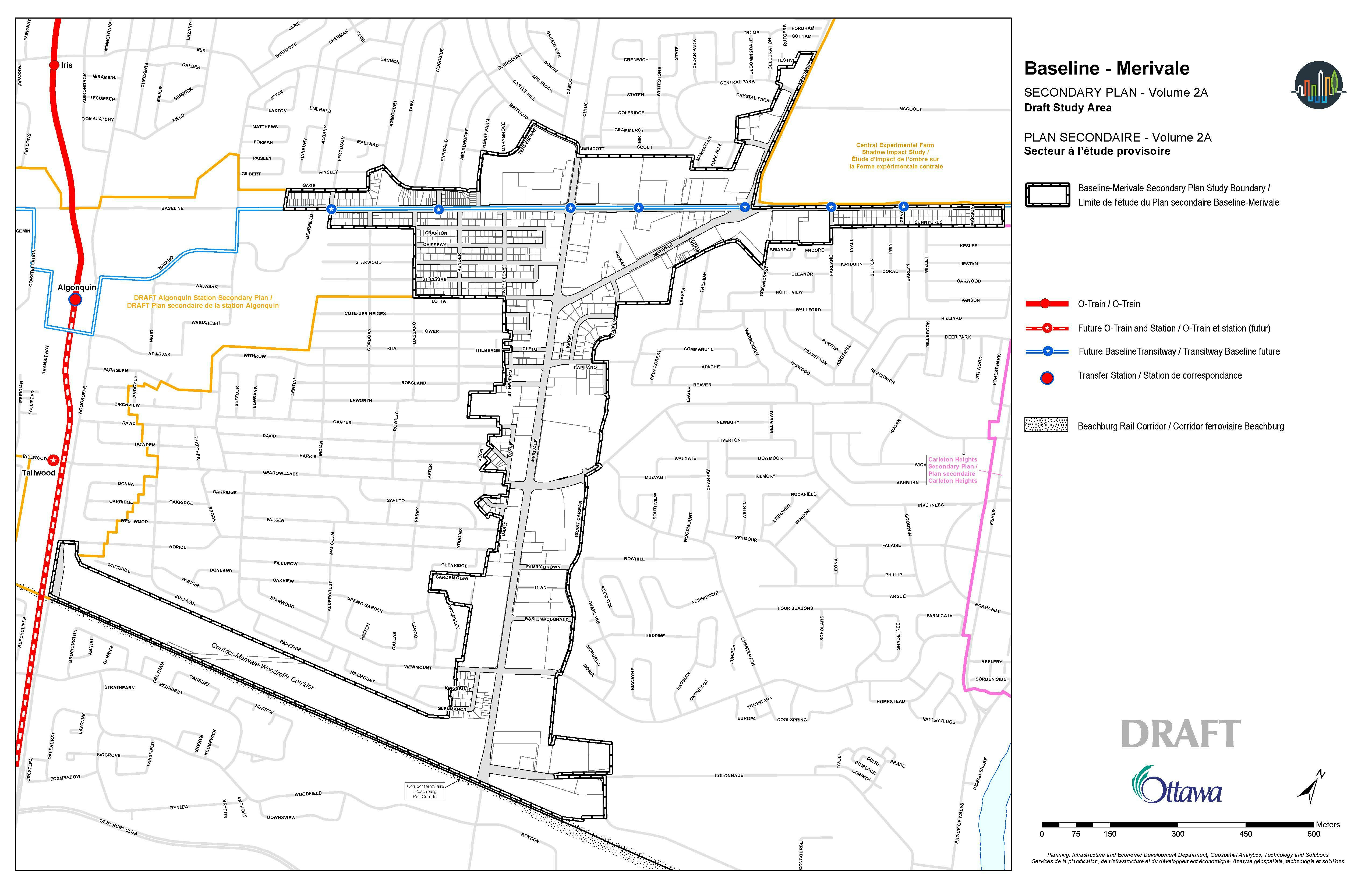 The proposed study boundary for the Baseline-Merivale Secondary Plan, that includes lands along Baseline Road and Merivale Road, and the Woodroffe-Merivale Corridor owned by the National Capital Commission.