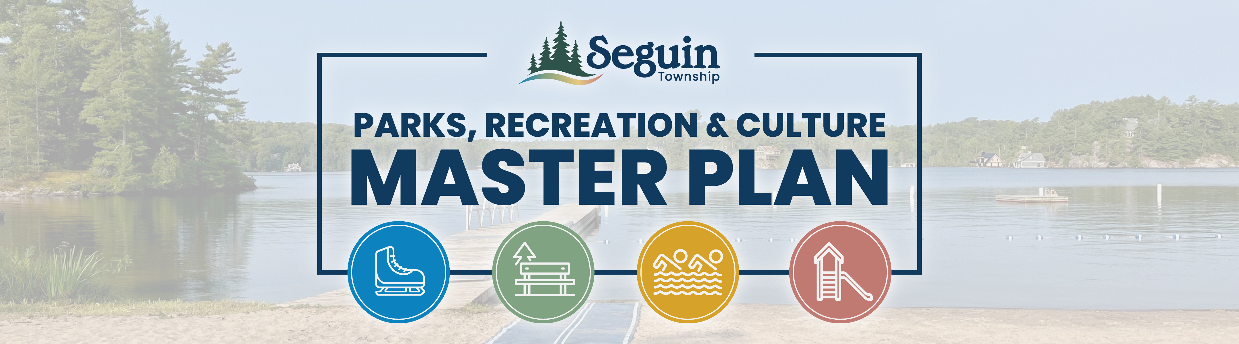 Image of Rosseau Waterfront Park with mobility mat leading to the beach with Parks, Recreation & Culture Master Plan logo