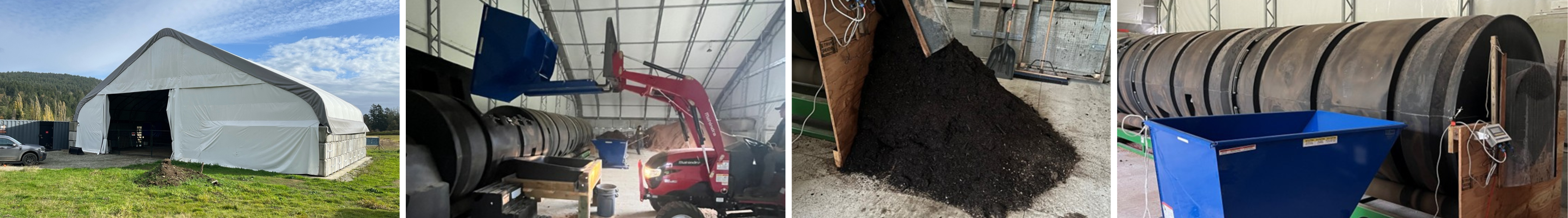 Four images of the invessel compost facility operated by the Salt Spring Island Abattoir Society.