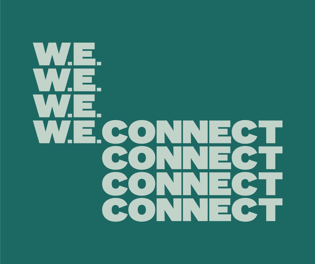 'W.E. Connect' orange text against yellow background. W.E. Connect is the West End Community Hub project slogan for the reimagining process.