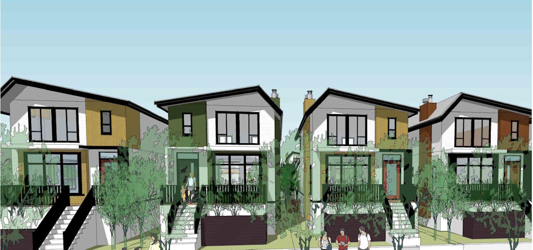 Drawing of four houses side-by-side with trees and people in front, on compact lots 