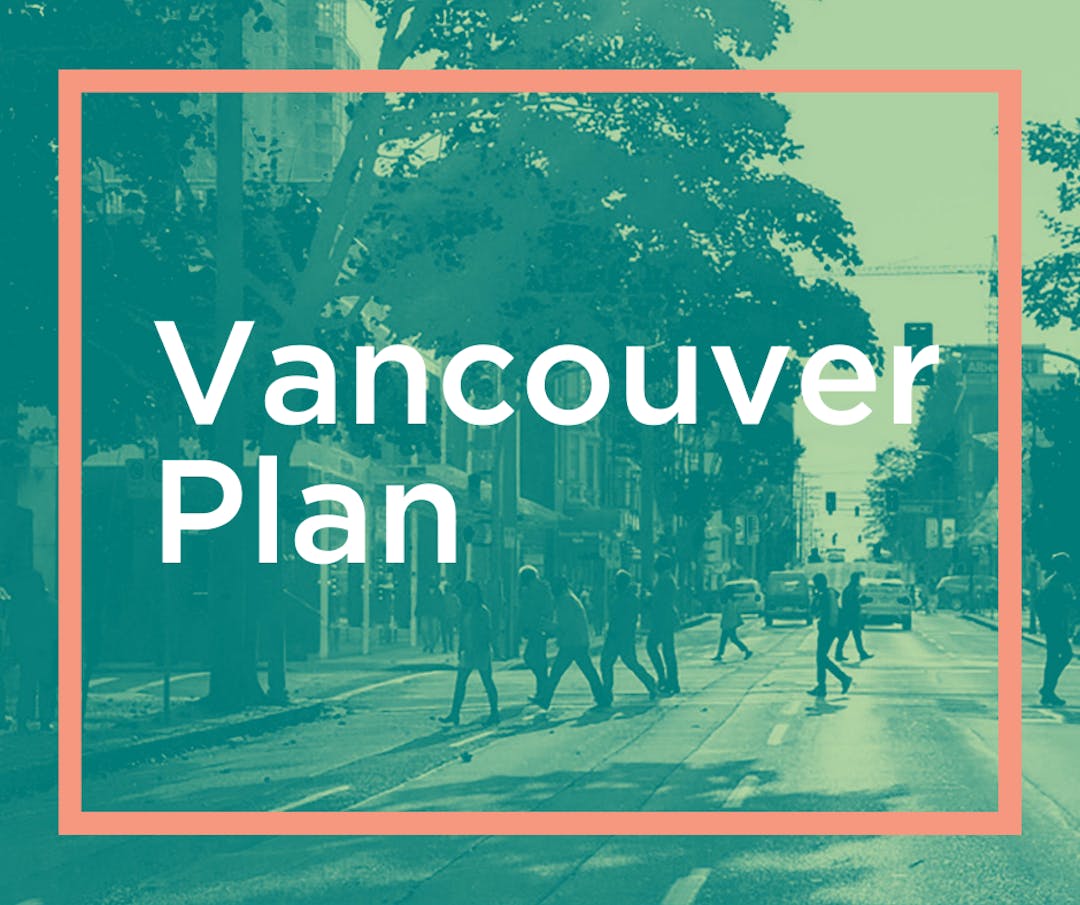 Image: text reads “Planning Vancouver Together” above illustration of people representing diverse backgrounds and abilities standing/sitting on platforms to bring them to an equal height.