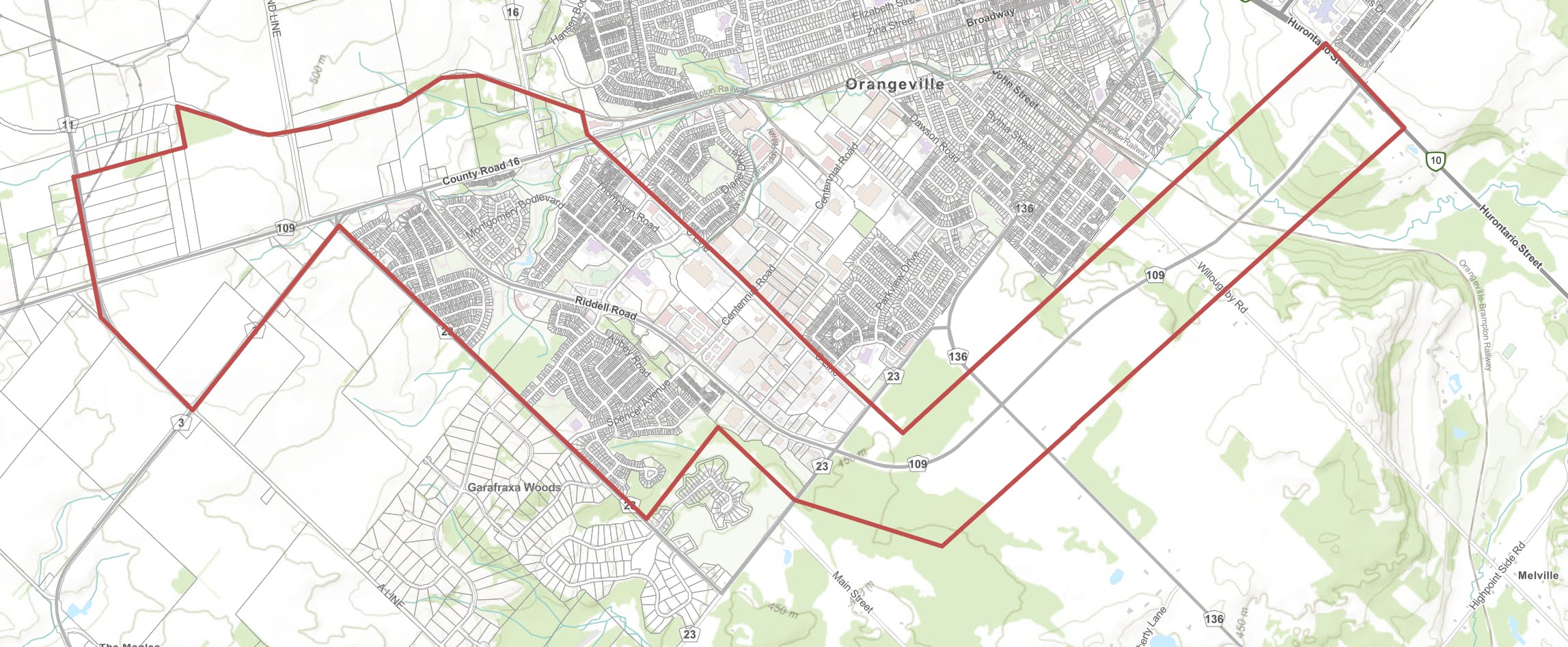 Dufferin County Road 109 communication distribution area map
