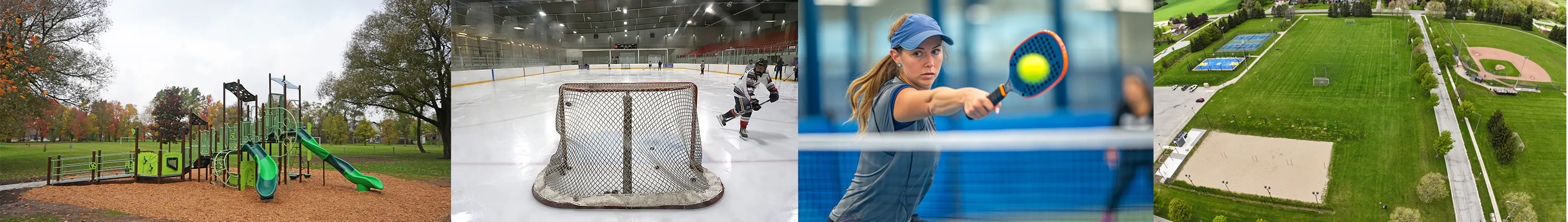 A collage of recreation and leisure images, with a children's playground, a hockey rink, a pickleball player, sportsfields