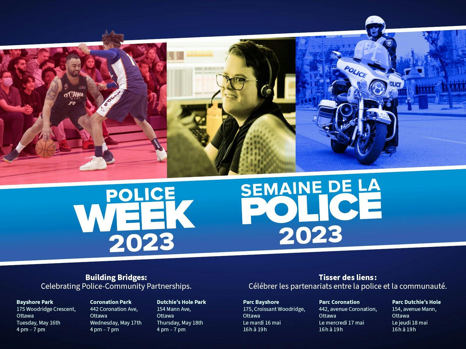 Police week promotion poster  with 3 photos of police members performing various duties, list of 3 events 