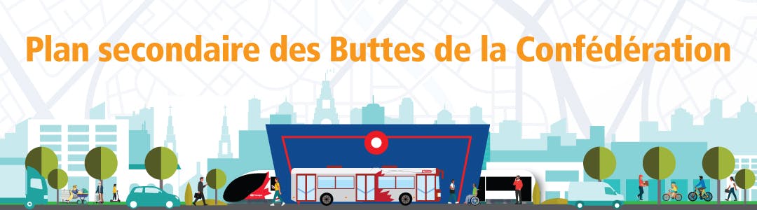 Illustration de voitures, d’autobus, de trains et de personnes à une station de TLR avec des bâtiments de la ville en arrière