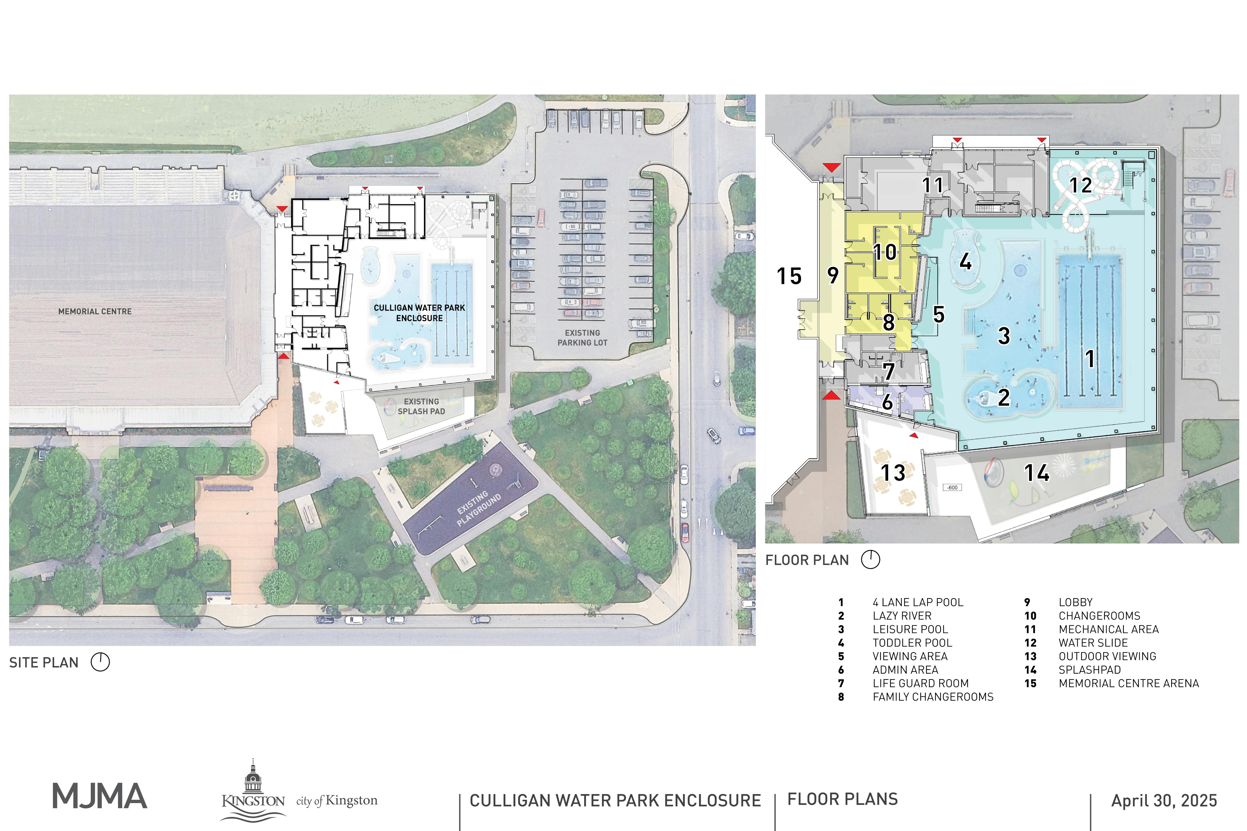 A digital rendering showing the site plan for the Culligan Water Park at the Memorial Centre Site and a Floor Plan of the Culligan Water Park with all of it's features.
