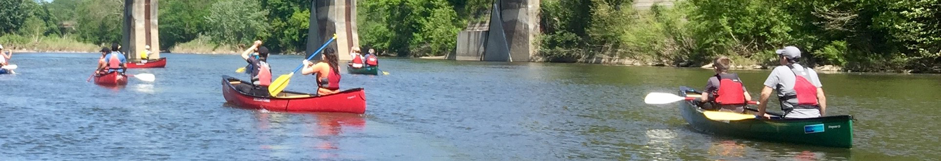 Six canoes are paddled by passengers floating on the Thames River on a sunny day. 