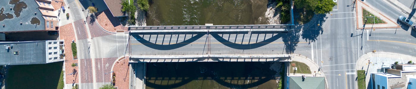 An aerial image looking straight down at the upper Front Street Bridge.