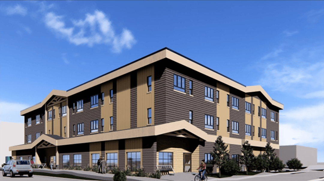 Rendering of a modern three‑storey building with tan and brown siding under a bright blue sky.