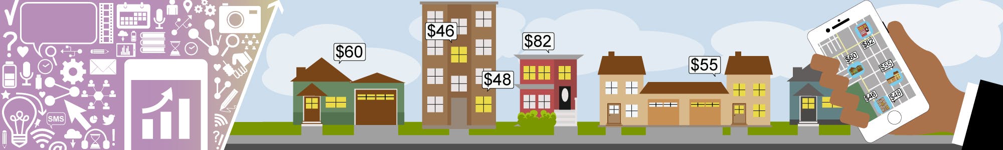 City street lined with potential short-term rental units and their respective prices as well as a hand holding a mobile phone with a short-term rental app displayed.