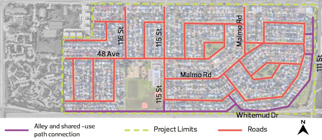 Map showing the project area for Malmo Plains Neighbourhood Renewal, highlighting alley and shared-use path connections, roads and project limits.