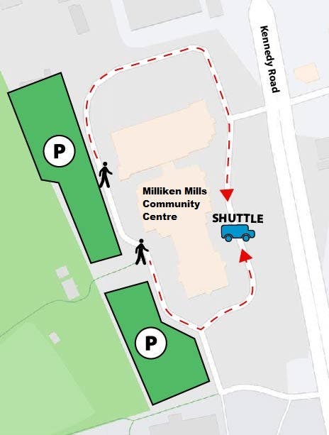 Shuttle Bus Map - People will be picked up at Milliken Mills Community Centre & Library