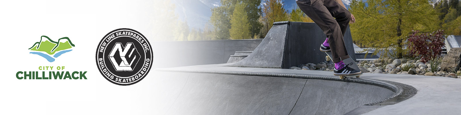 Image of City of Chilliwack logo, New Line Skateparks logo, and person on a skateboard