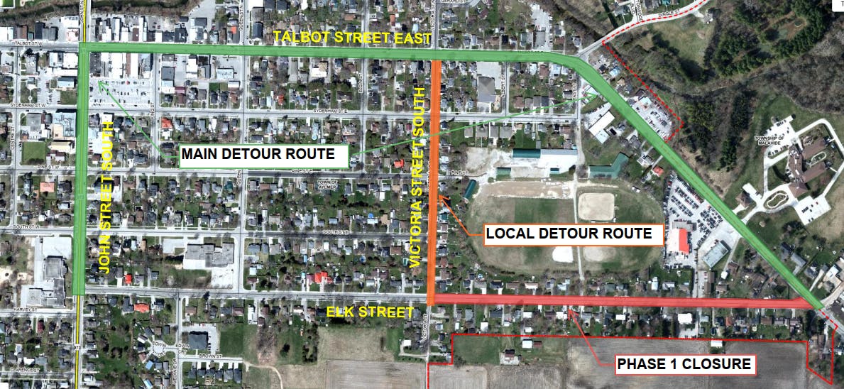 Map of Elk Street Phase 1 Road Closure with Detour Routes (Talbot Street East)