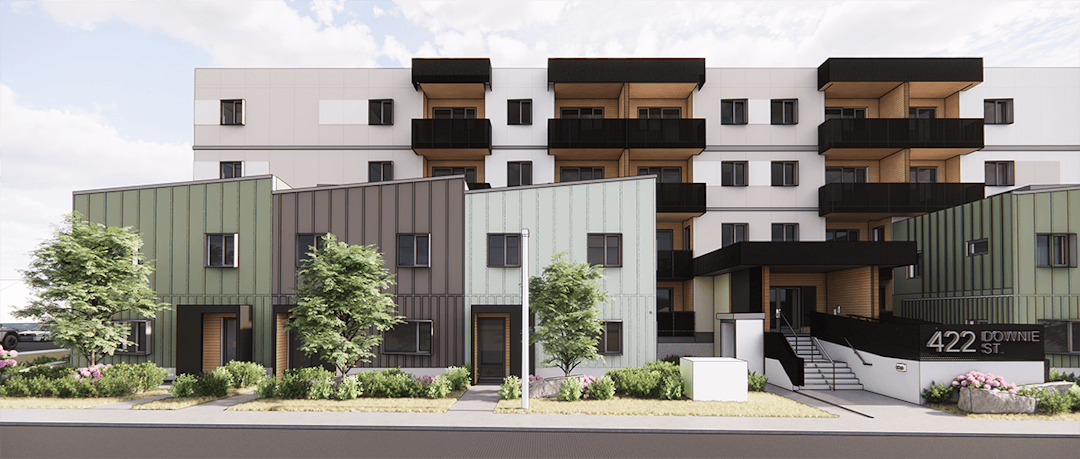 3D rendering of L-shaped modern residential buildings with brick and gray siding, balconies, trees, and parking areas