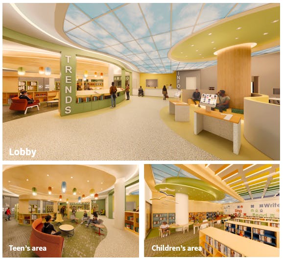 Theme 2: gardens Inspired by the name Garden City, the library feels like a peaceful, green space in the middle of the city. The building has soft curves and open areas that guide people through the space like a walk in the park.