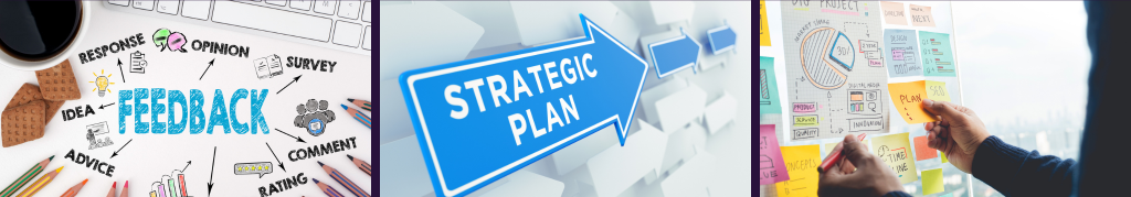 picture of feedback bubble, strategic plan with a forward arrow, individual brainstorming
