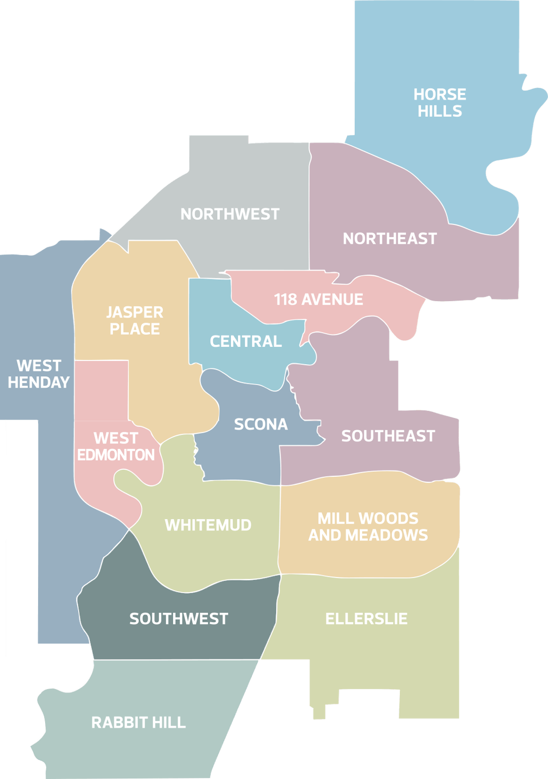 Highlighted Southwest district within image of all 15 Edmonton districts