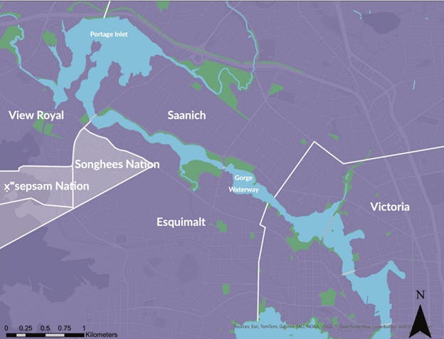 Map showing the Gorge Waterway and Portage Inlet, which border Victoria, Esquimalt, Saanich and View Royal. Songhees Nation and Xwsepsum Nation are also marked.