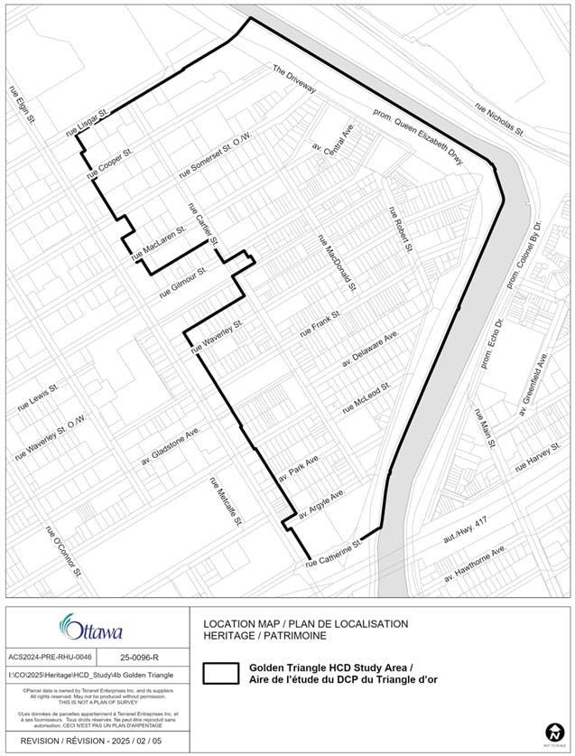 Une carte en noir et blanc du quartier du Triangle d'Or, dans le centre-ville d'Ottawa. 