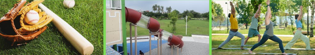 Three pictures, first picture baseball glove and bat, second picture waterslide and third picture people doing yoga in a park