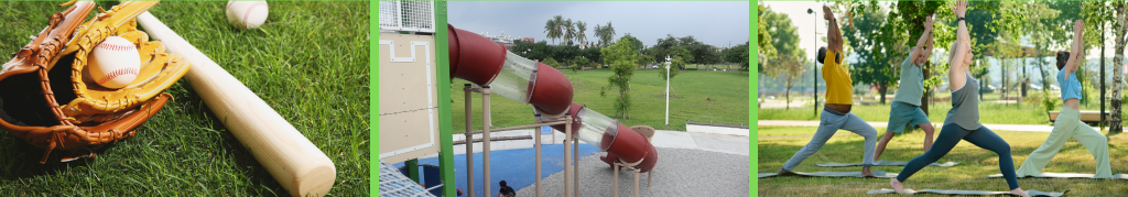 Three pictures, first picture baseball glove and bat, second picture waterslide and third picture people doing yoga in a park
