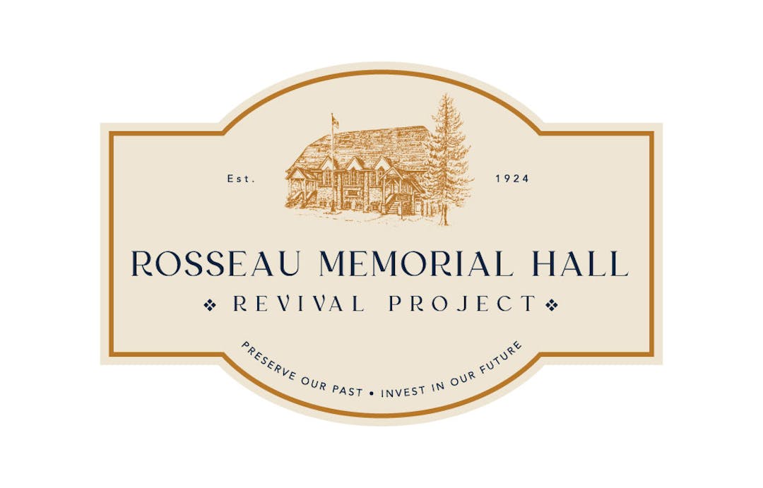 Rosseau Memorial Hall Revival Project logo with illustration of the building