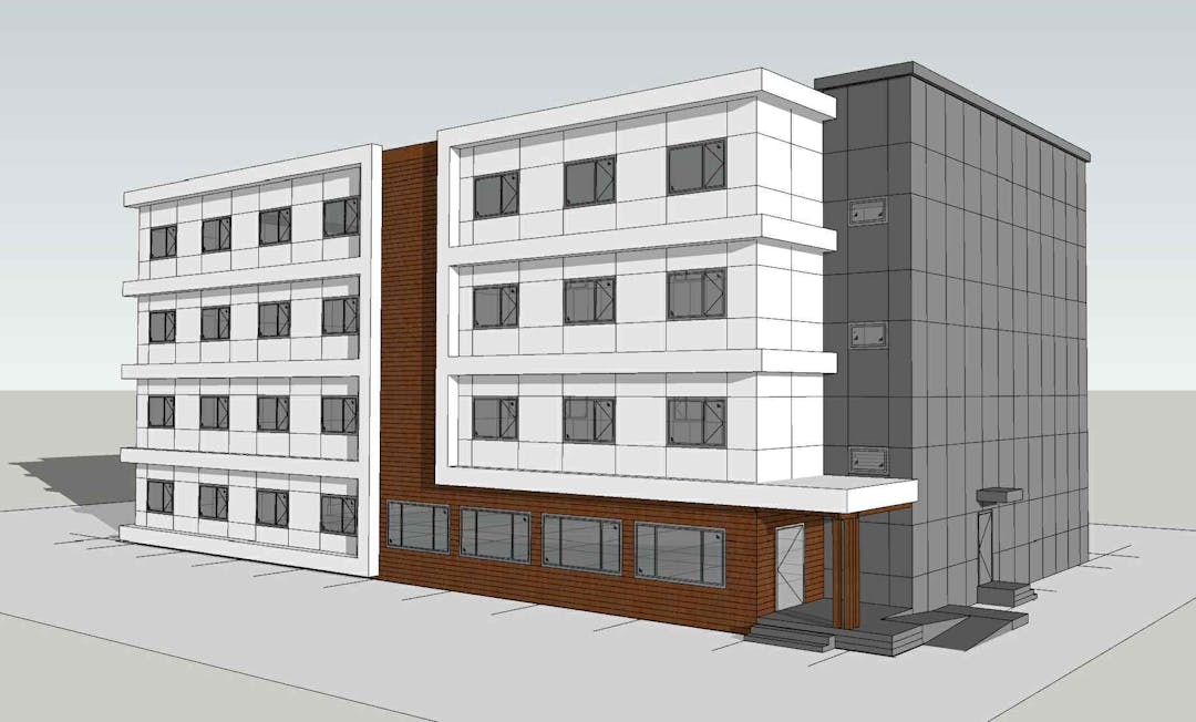 A rendering of a four-story supportive housing building.