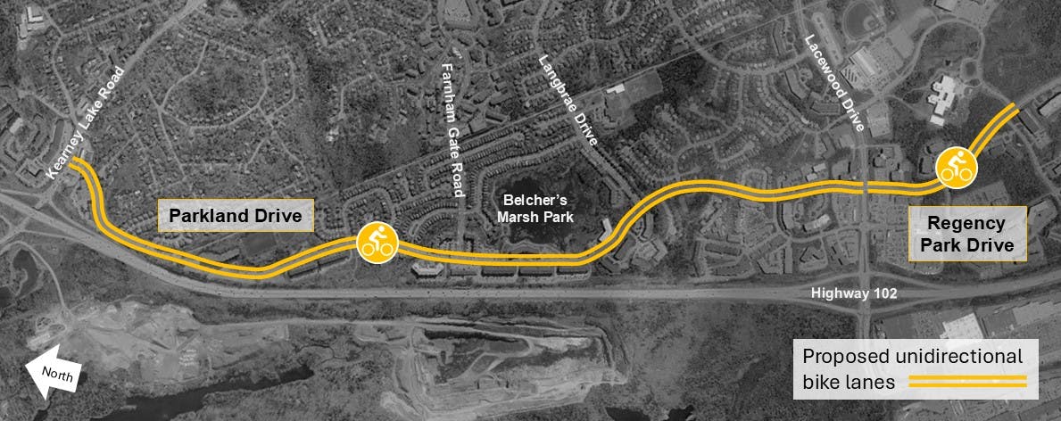 An airphoto showing the proposed bike lanes along Parkland Drive and Regency Park Drive. 