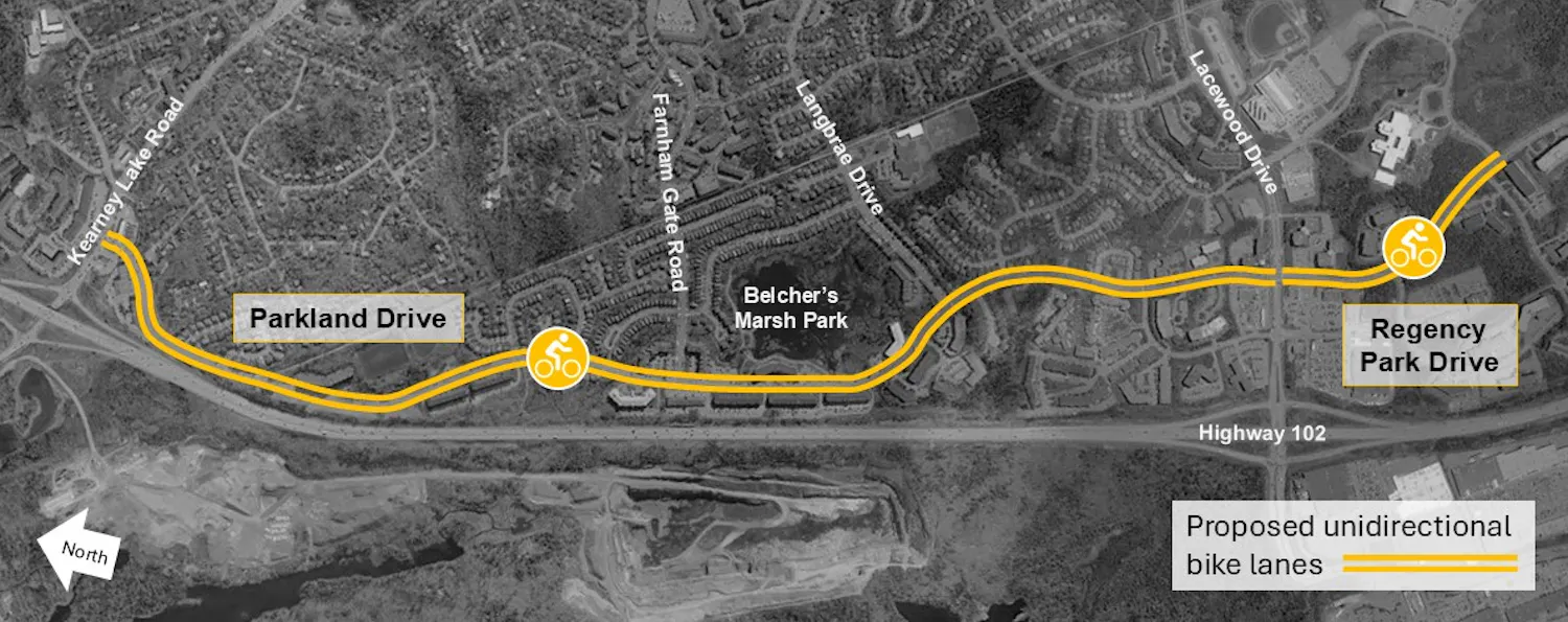 An airphoto showing the proposed bike lanes along Parkland Drive and Regency Park Drive.