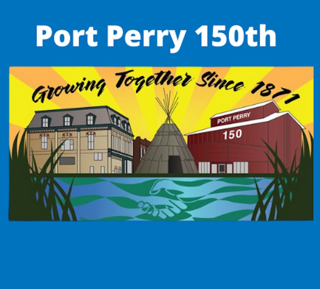 Birds eye view of port perry main street with a firework clipart image
