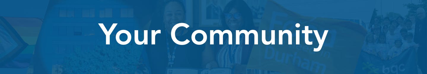 Flags flying, Regional Headquarters lit blue and proclamation ceremonies with the text Your Community.