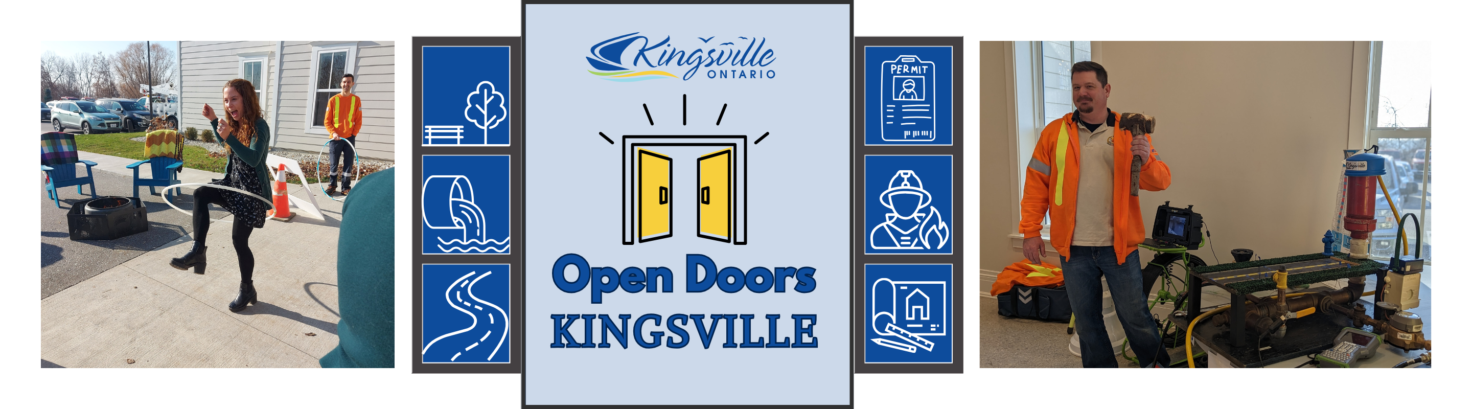 Open Doors Kingsville graphic with photos of the parks and recreation and water/wastewater stations