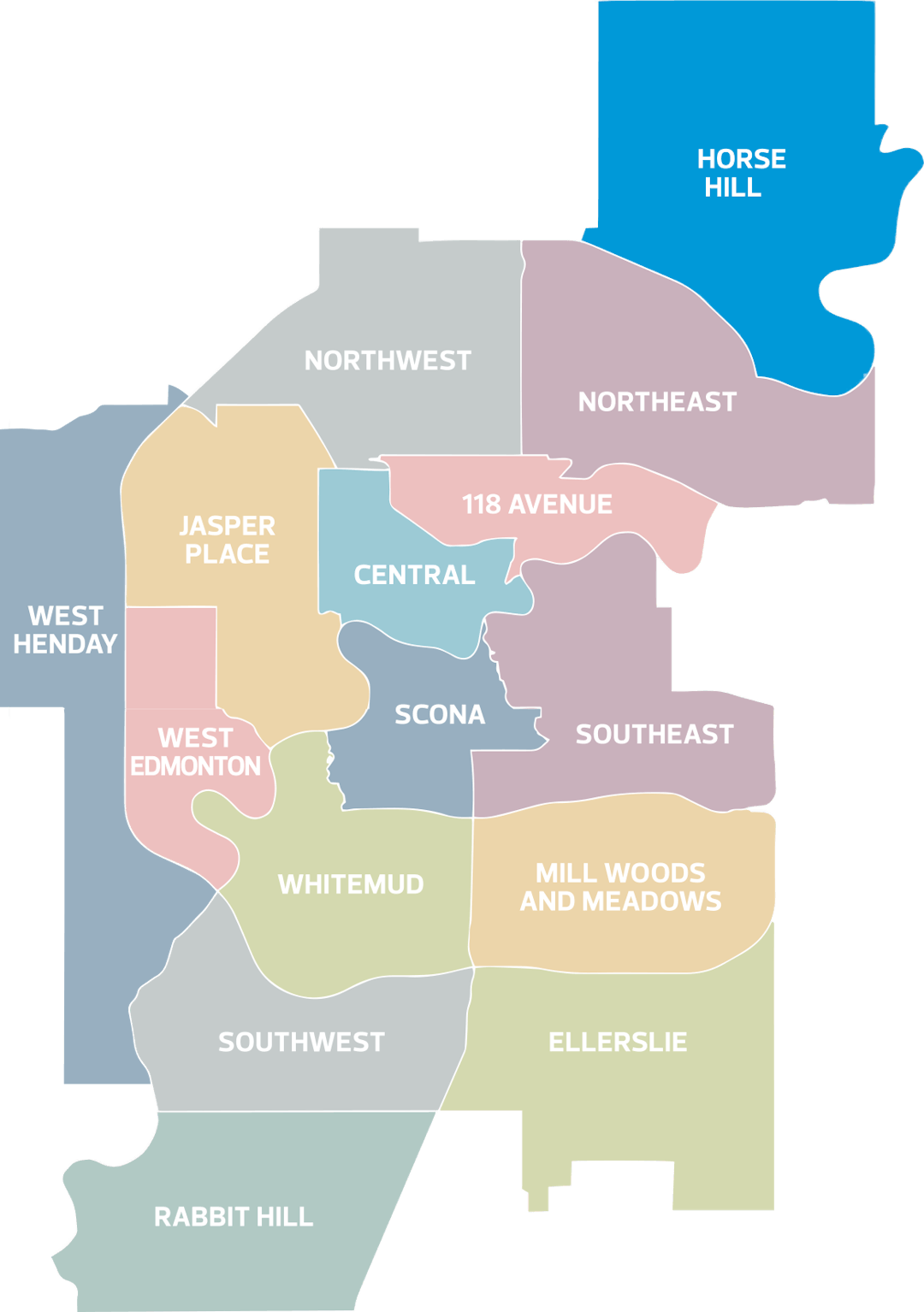 Highlighted Horse Hill district within image of all 15 Edmonton districts