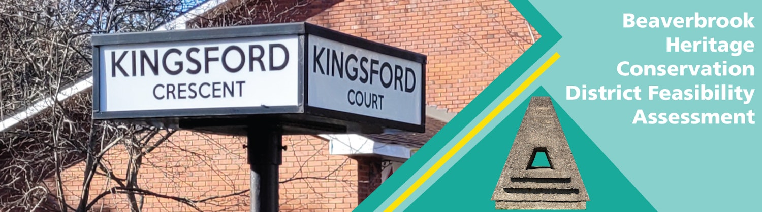 Historic corner Kingsford Crescent and Kingsford Court street sign and stone triangular gate post in Beaverbrook area.