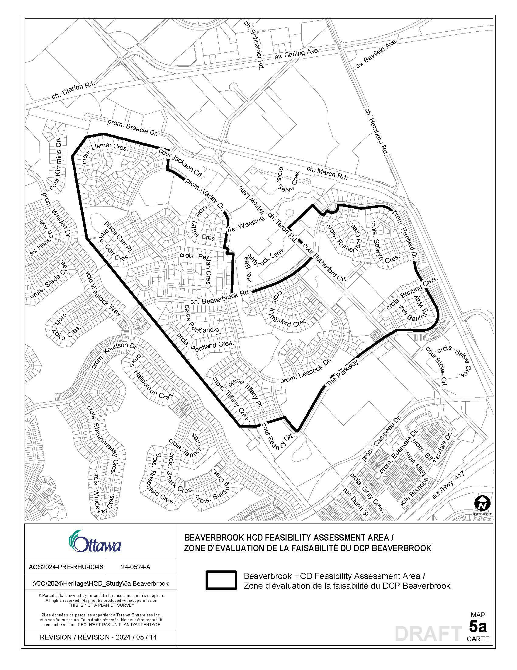 Plan de localisation représentant le périmètre de l’aire de l’étude du district de conservation du patrimoine pour Beaverbrook. Ce périmètre correspond au secteur cerné par le chemin March au nord, The Parkway à l’est, la promenade Knudson au sud. 